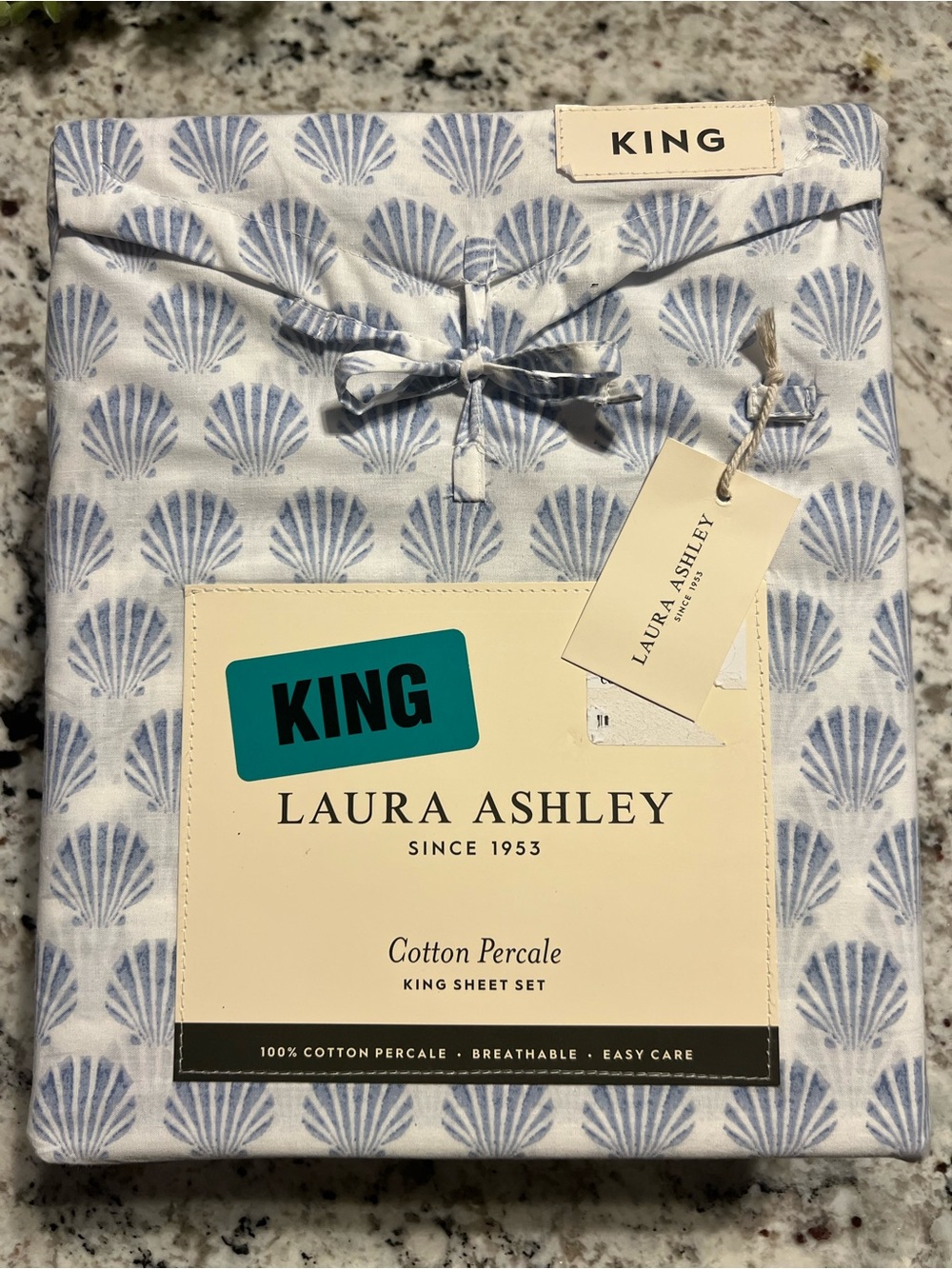 Laura Ashley Scallop Blue Shell Cotton Percale King Sheet Set